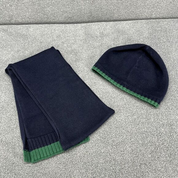 Polo Ralph Lauren Hat & Scarf Teddy Bear Navy Blue Green knit Cotton 8-20 Youth - Picture 2 of 15